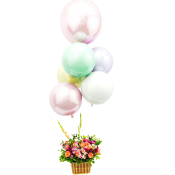 Cesta de flores con gran boquet de globos esféricos metalizados de helio con globo grande personalizado Mapari flores - 1