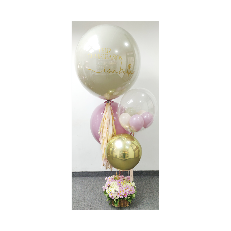 Gran bouquet de globos con globo gigante plastificado personalizado + Cesta de flores  - 1