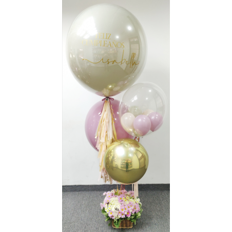 Gran bouquet de globos con globo gigante plastificado personalizado + Cesta de flores  - 1