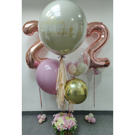 copy of Gran bouquet de globos con globo gigante plastificado personalizado, números + Cesta de flores  - 1