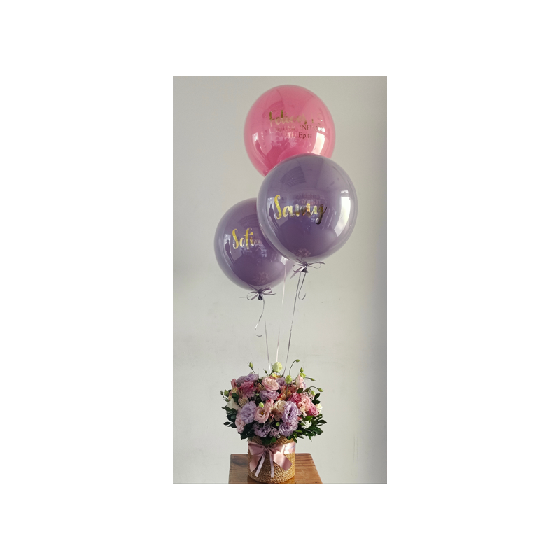 Cesta de flores con 3 globos de helio cristalizados Personalizados Mapari flores - 1